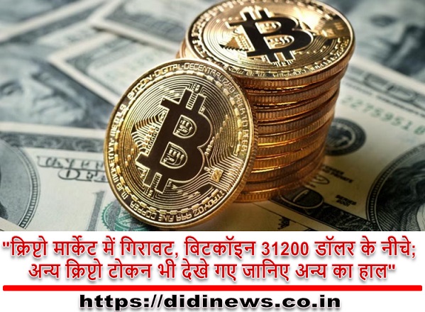 "क्रिप्टो मार्केट में गिरावट, बिटकॉइन 31200 डॉलर के नीचे; अन्य क्रिप्टो टोकन भी देखे गए जानिए अन्य का हाल"