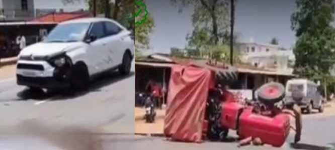 कार की टक्कर से सड़क के बीचो-बीच पलटी ट्रैक्टर