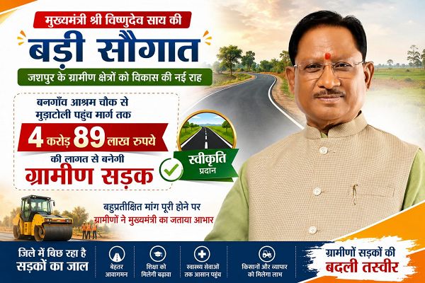 रायपुर : मुख्यमंत्री श्री विष्णुदेव साय की बड़ी सौगात: बनगाँव आश्रम चौक से मुड़ाटोली तक बनेगी 4.89 करोड़ रुपये की सड़क